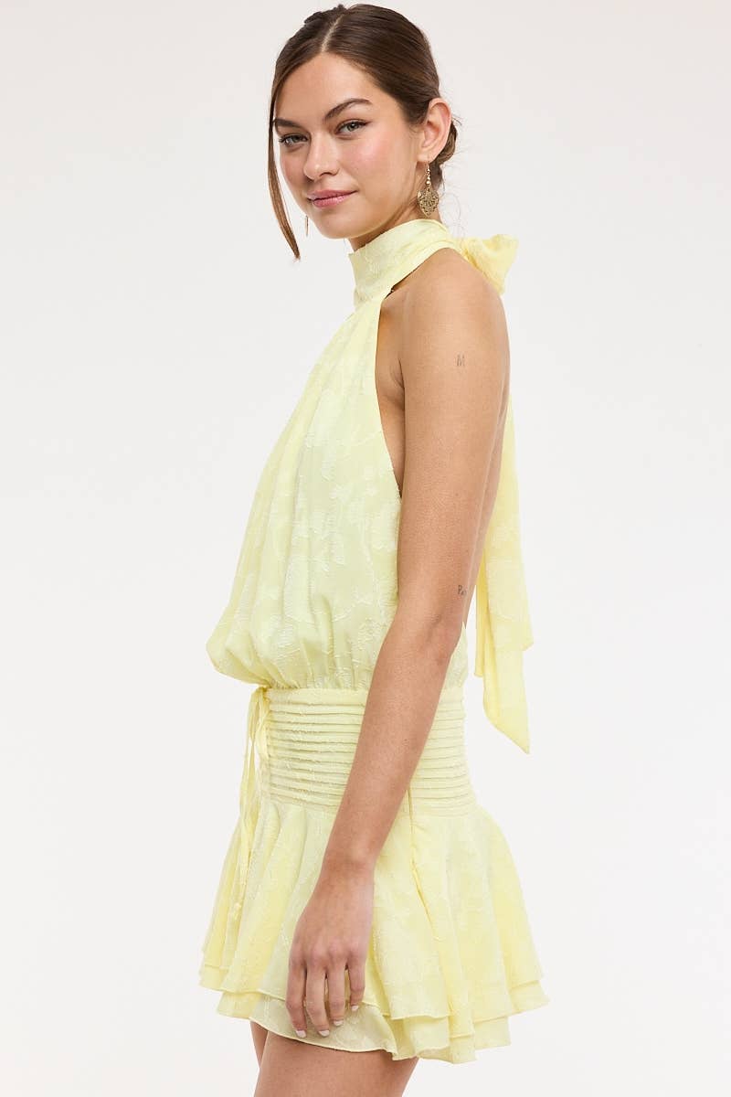 FLORAL EMBOSSED WAIST TIE BACKLESS MINI DRESS