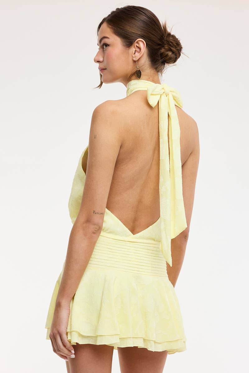 FLORAL EMBOSSED WAIST TIE BACKLESS MINI DRESS