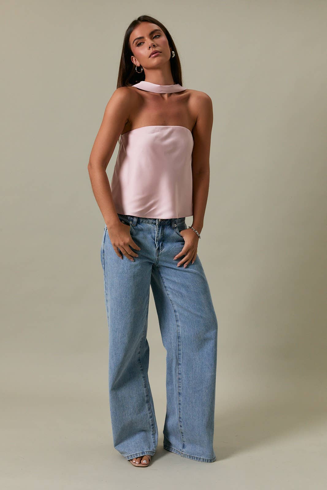 STRAPLESS SCARF DETAIL BIAS SATIN TOP