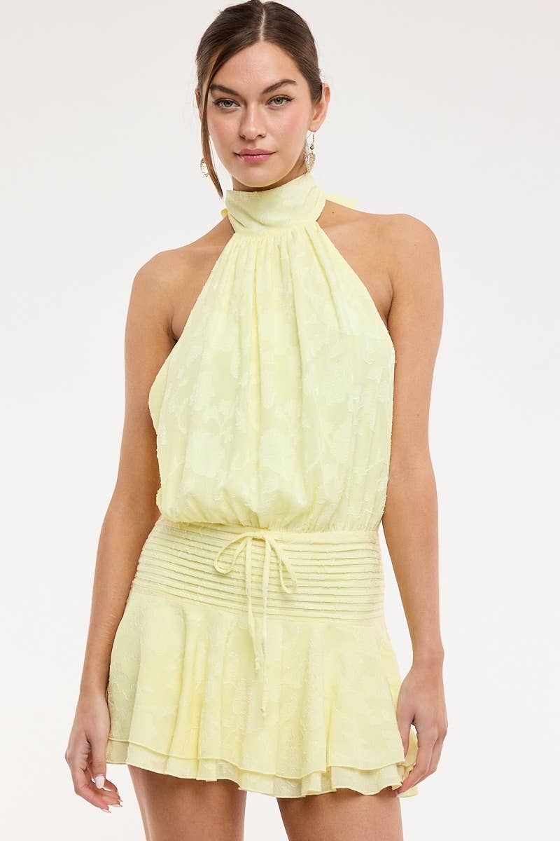 FLORAL EMBOSSED WAIST TIE BACKLESS MINI DRESS