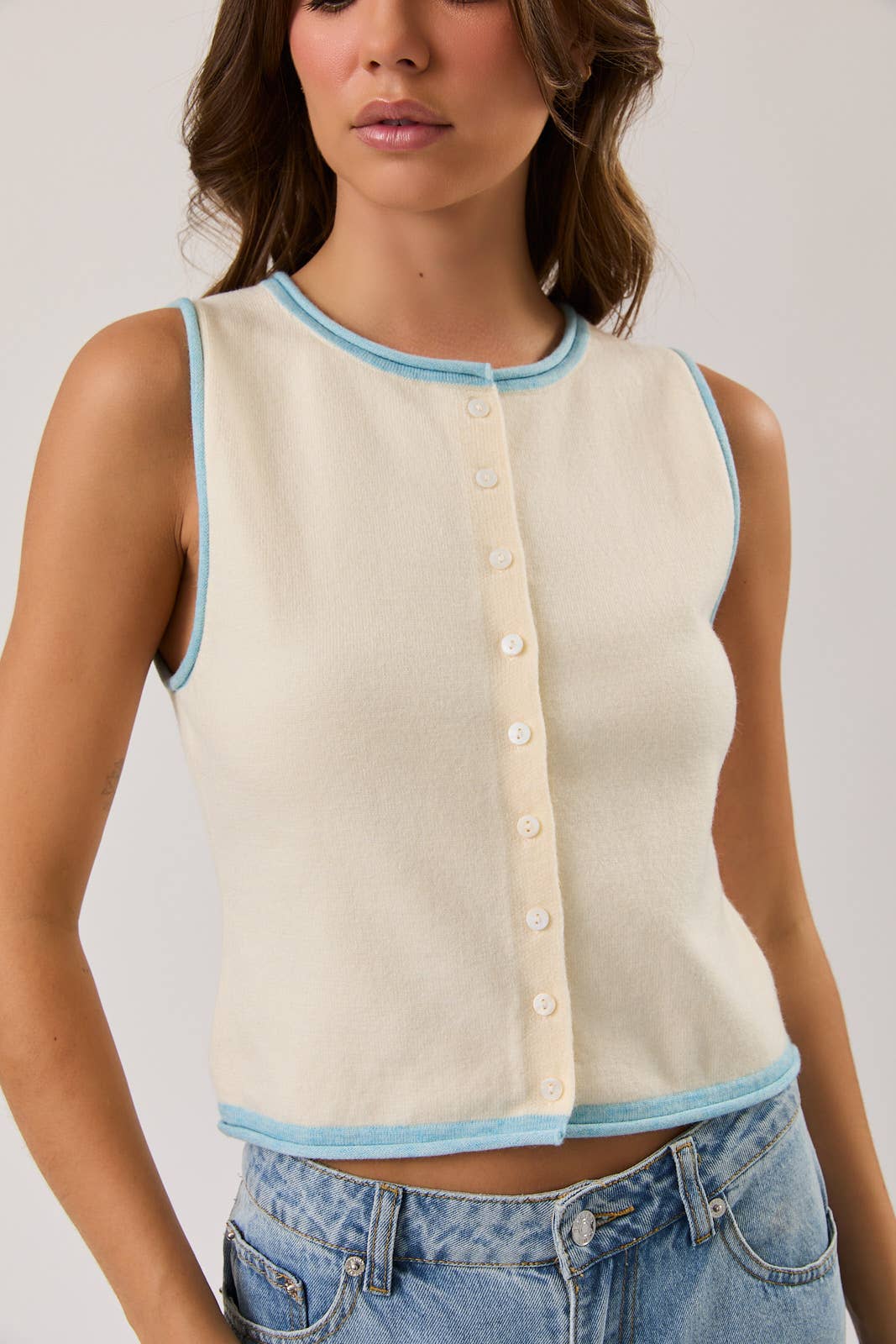 CONTRAST EDGE DETAIL ROUND NECK SWEATER TOP