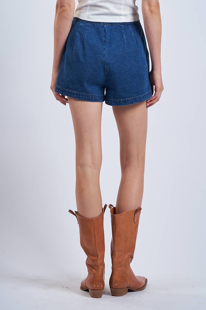 DENIM FRONT BRONZE BUTTON WIDE LEG SHORTS